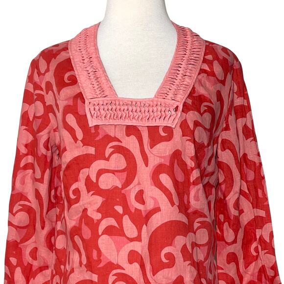 Sail to Sable Linen Tunic Dress in Salmon Color Print SZ M - Picture 2 of 8